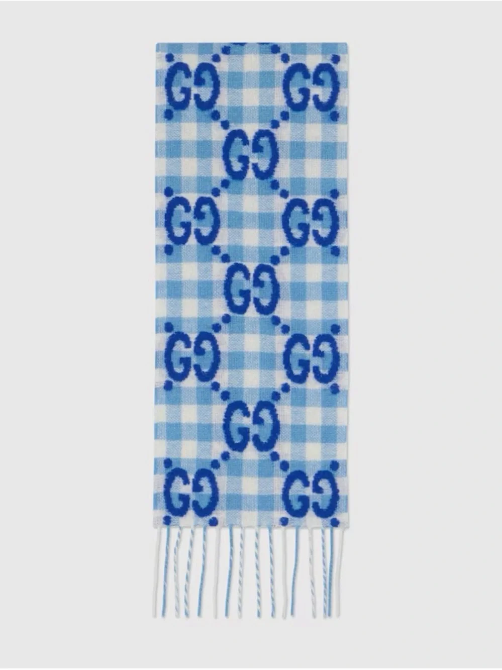 New with box Gucci Blue and White GG Check Wool Scarf 6.3